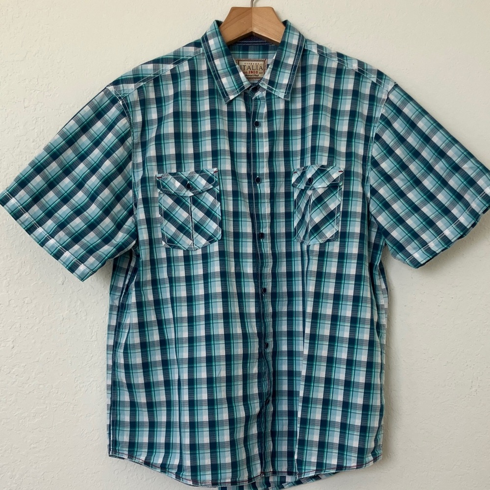 VINTAGE ITALIA Men’s Teal plaid s/s button front shirt. Sz XXL